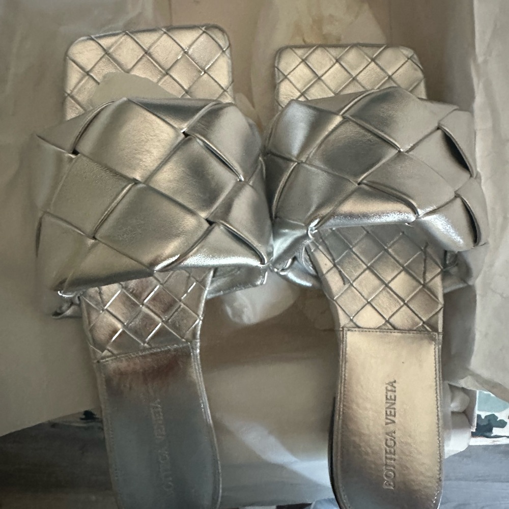 Bottega Veneta Metallic Silver Woven Sandals